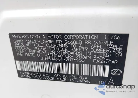 2007 Lexus Es 350 z USA, uszkodzony, nr VIN JTHBJ46G172076955